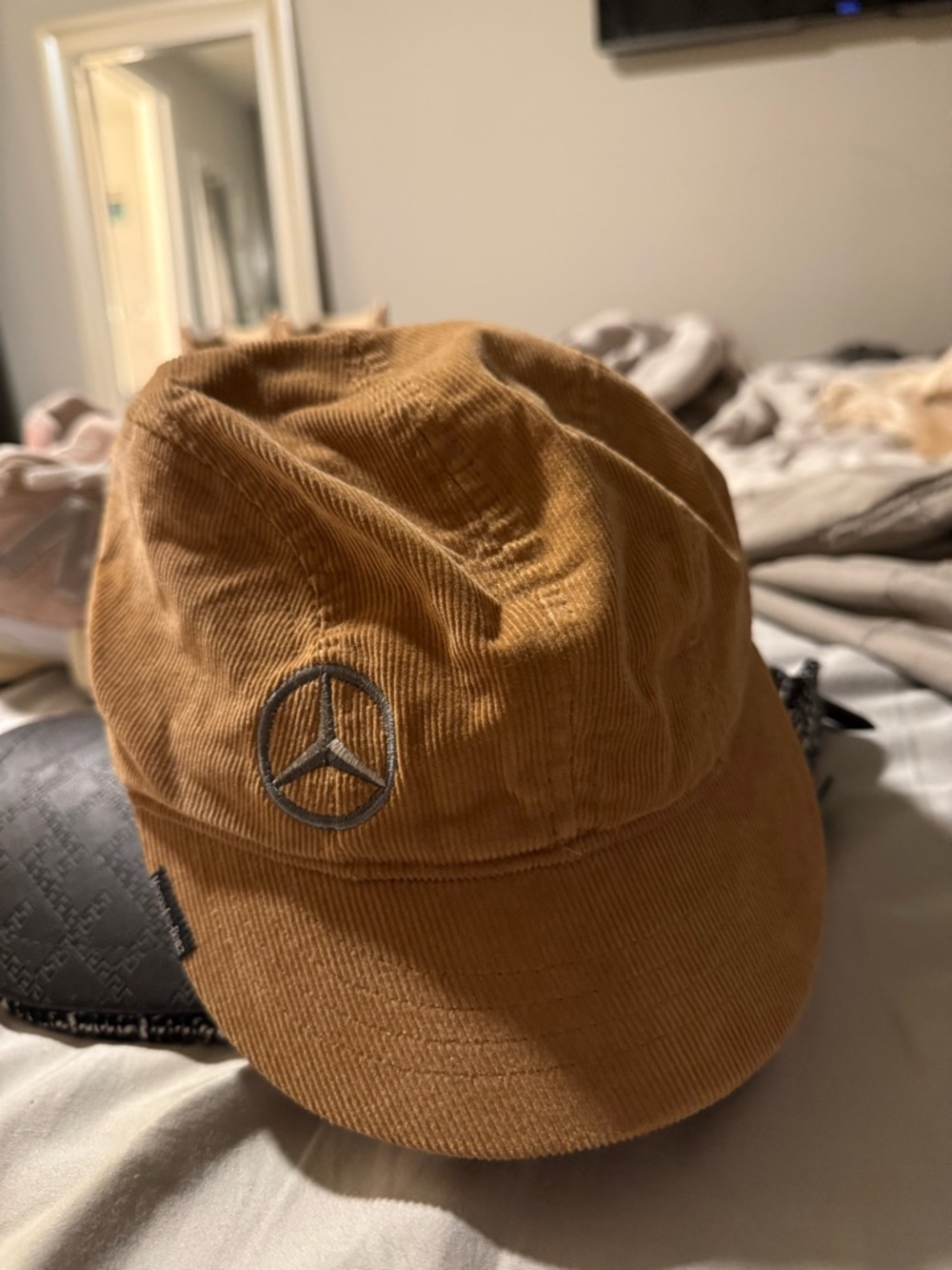Corduroy Bucket Cap with Embroidered Logo in Tan